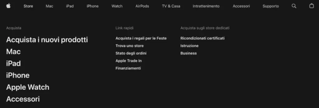 Voci dedicate per ogni prodotto nel menu del sito di Apple