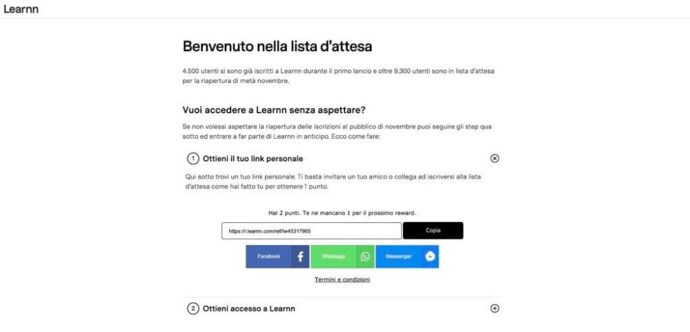 Messaggio di benvenuto nella lista di attesa di Learnn