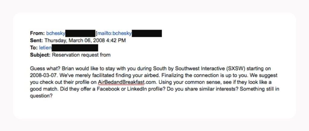 Messaggio che TienDung Le ricevette da Brian Chesky, il quale lo invitava a entrare su airbedandbreakfast.com