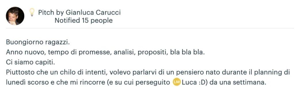 Messaggio di Gianluca Carucci su Basecamp di Learnn in cui parla di un suo pensiero