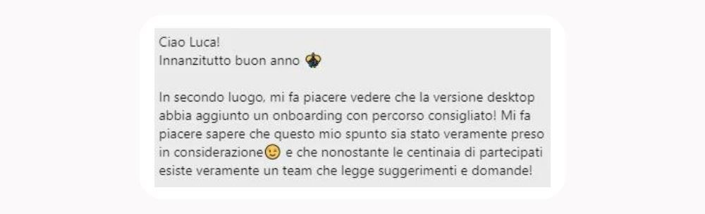 Messaggio ricevuto da un utente dopo l'integrazione del sistema di onboarding su Learnn
