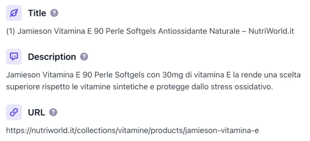 Meta dati SEO pagina e-commerce Nutriworld