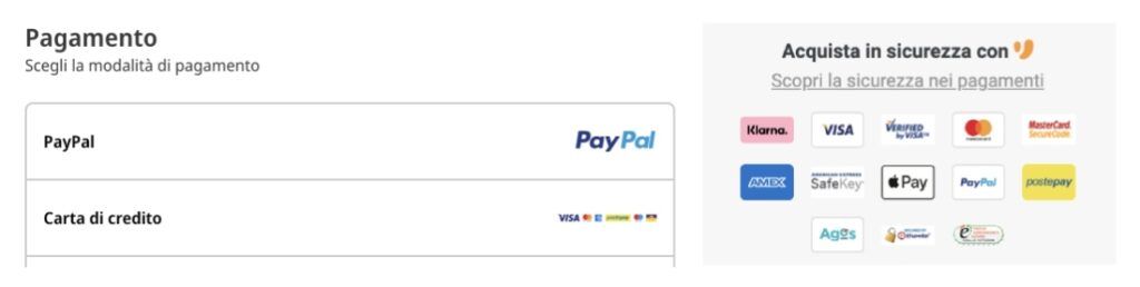 Metodi di pagamento e loghi al momento del checkout