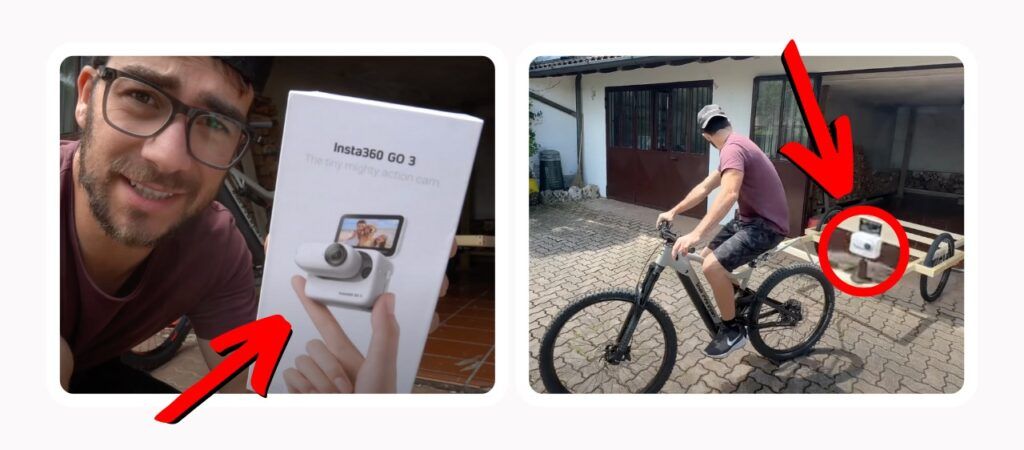 Michele Molteni presenta la fotocamera Insta360 mentre realizza una delle sue costruzioni in legno