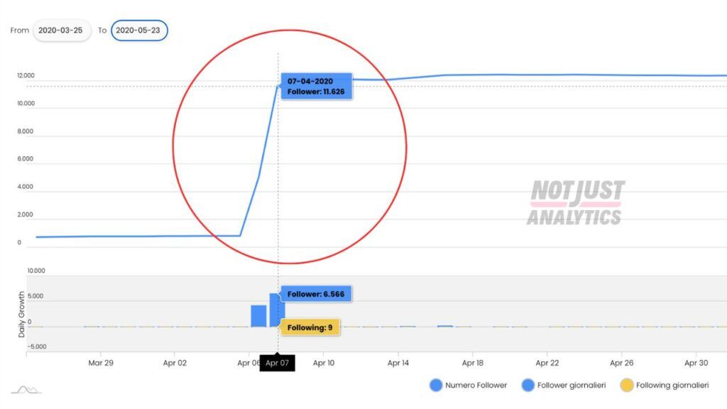 Caso studio: grafico Not Just Analytics della crescita Instagram di Miss Schiscia