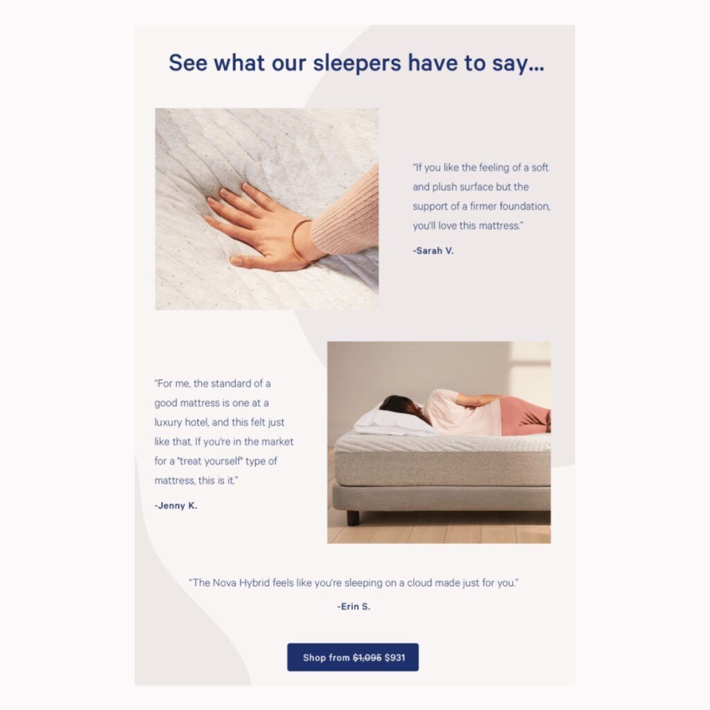 Esempio di newsletter di storytelling: Brooklinen racconta qualità e sensazioni dei propri tessuti con storie dei clienti