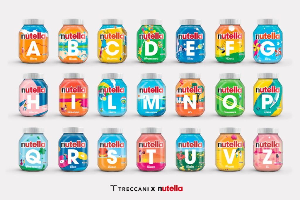 Barattoli di Nutella con le lettere in etichetta, realizzati in collaborazione con treccani