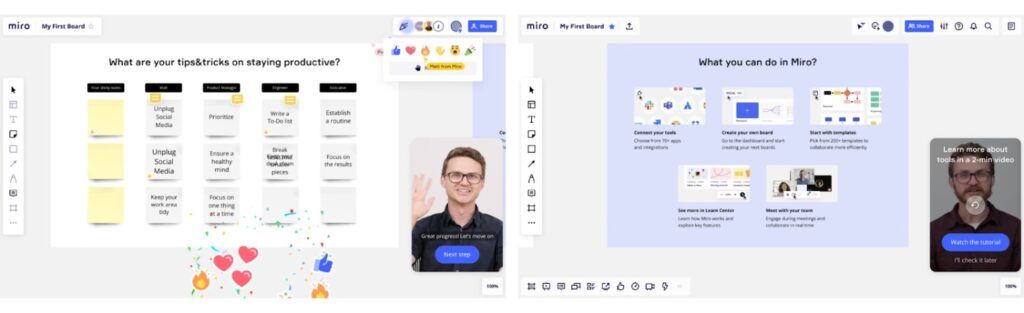 Onboarding di Miro con supporto umano (a destra) e AI (sinistra. Immagine di Growthunhinged.com