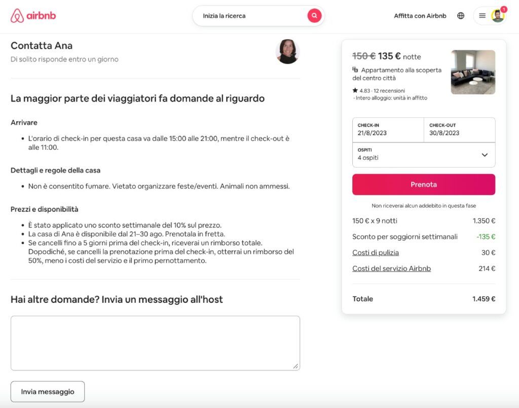 Pagina per contattare l'host di Airbnb senza uscire dalla piattaforma