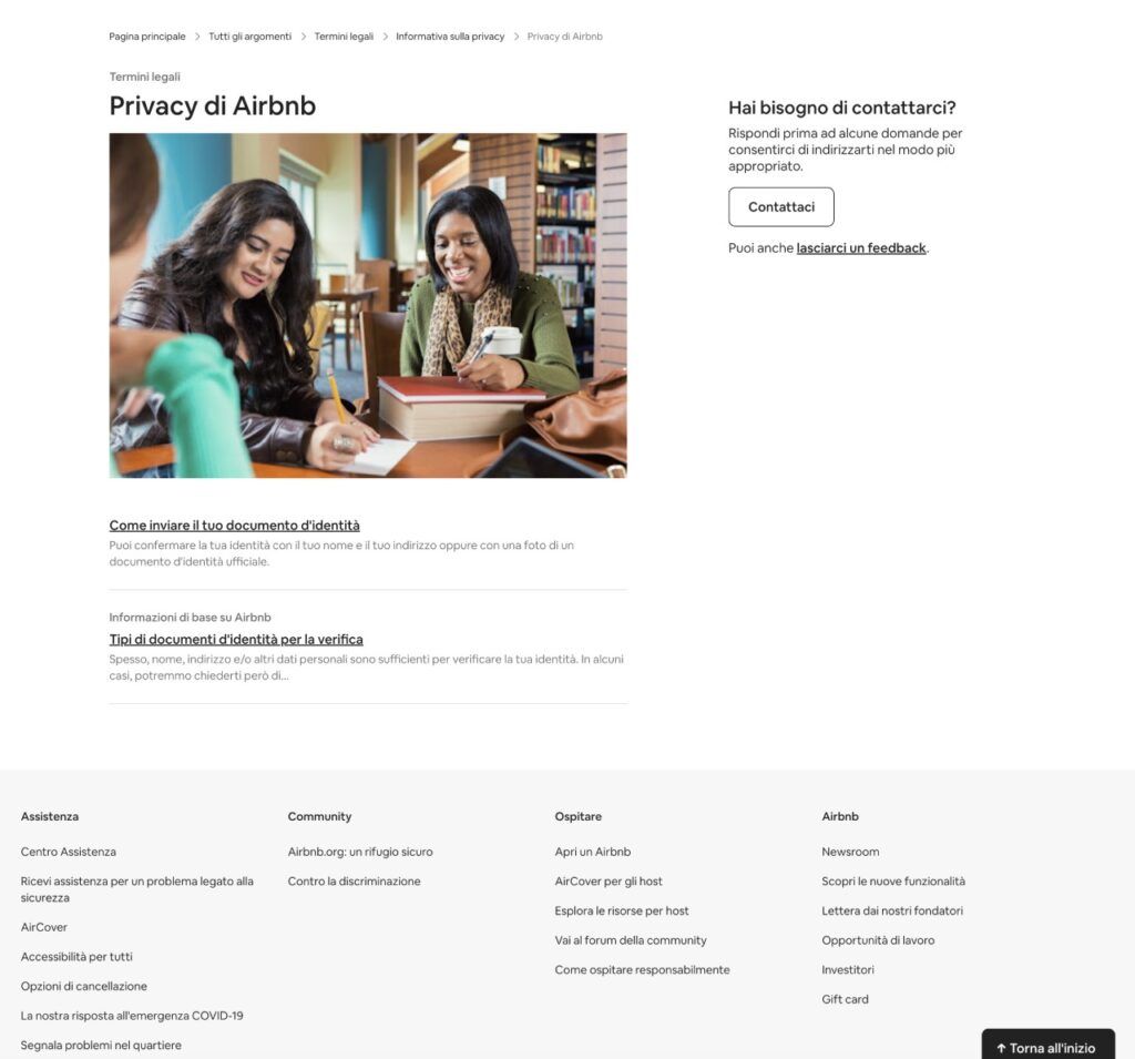 Pagina della Privacy e dei Termini di Airbnb, in cui c'è la possibilità di richiedere supporto ad Airbnb, oltre che avere alcune informazioni importanti per il viaggio e un footer alternativo con link utili