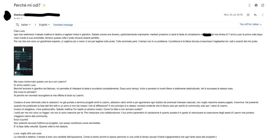 Mail di Gianluca a Luca che ha come titolo