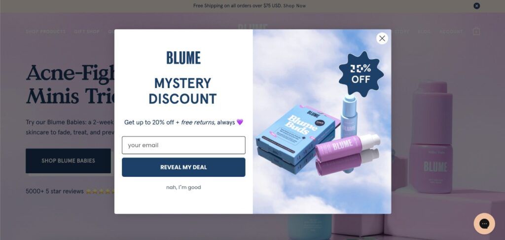 Popup di iscrizione alla newsletter di Blume