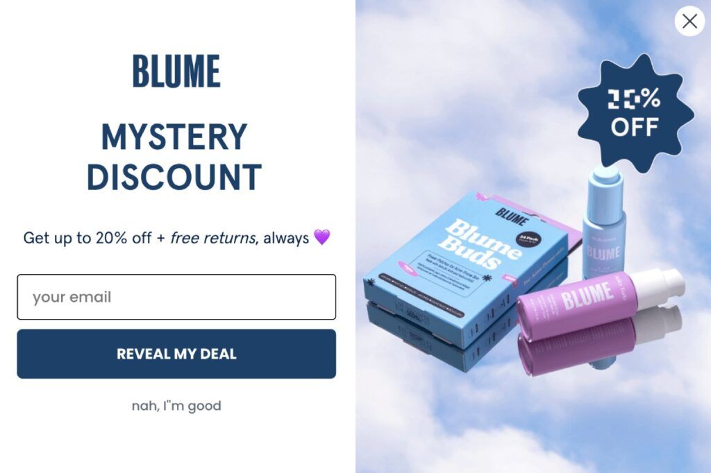 Popup advertising di Blume: sconto del 20%