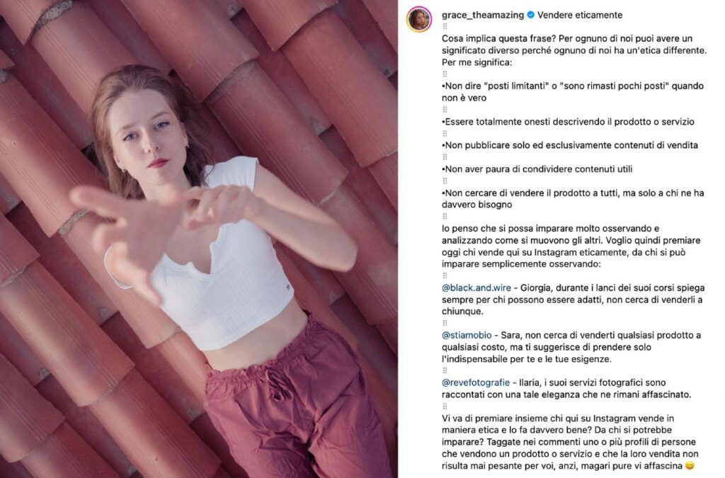 Screenshot di un post di grace_theamazing in cui parla di vendita etica