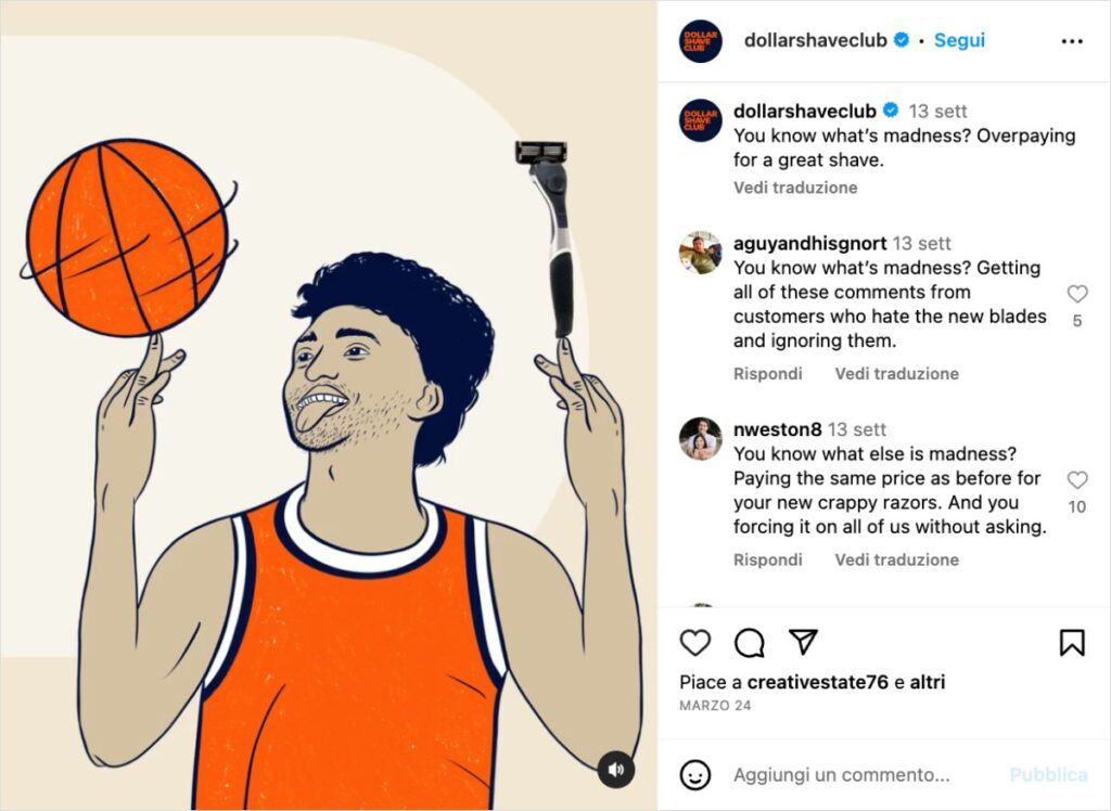Post Instagram di Dollar Shave Club, sempre con stile irriverente e simpatico