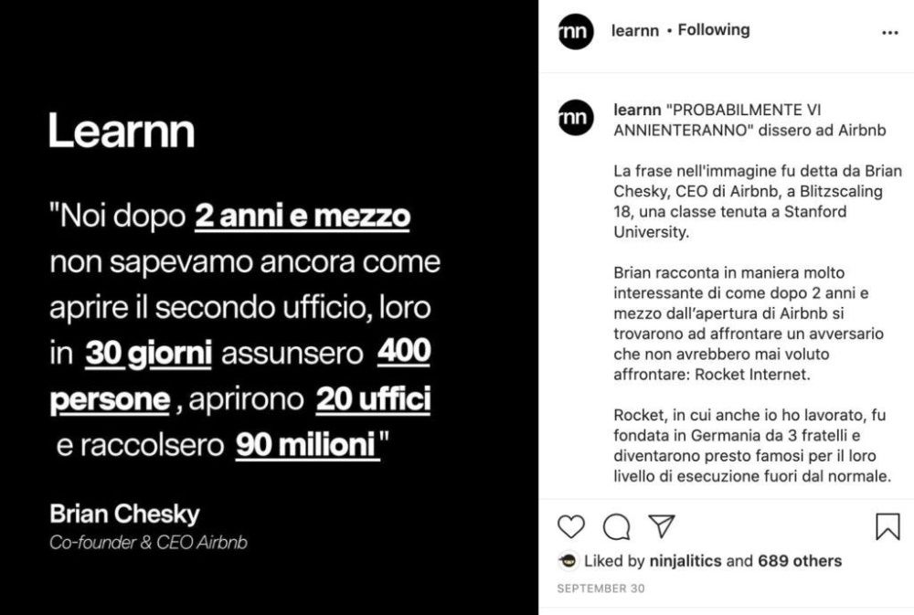 Post Learnn con citazione di Brian Chesky, fondatore di Airbnb