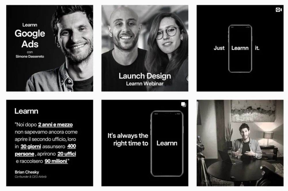 I colori che rappresentano il brand Learnn sono bianco e nero: in foto una serie di post social con immagini di questi due colori