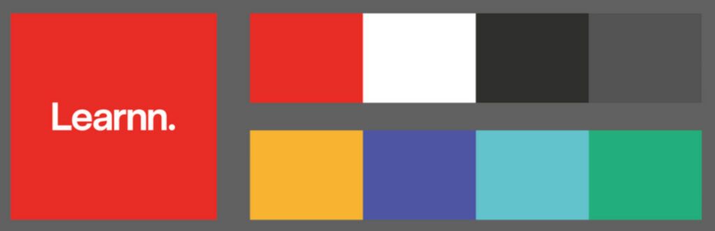 Prima palette colori di Learnn, in cui prevale il rosso, poi escluso perché non rispecchia il brand