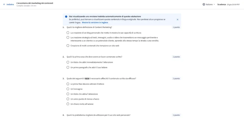 Esempio di quiz corso su Coursera