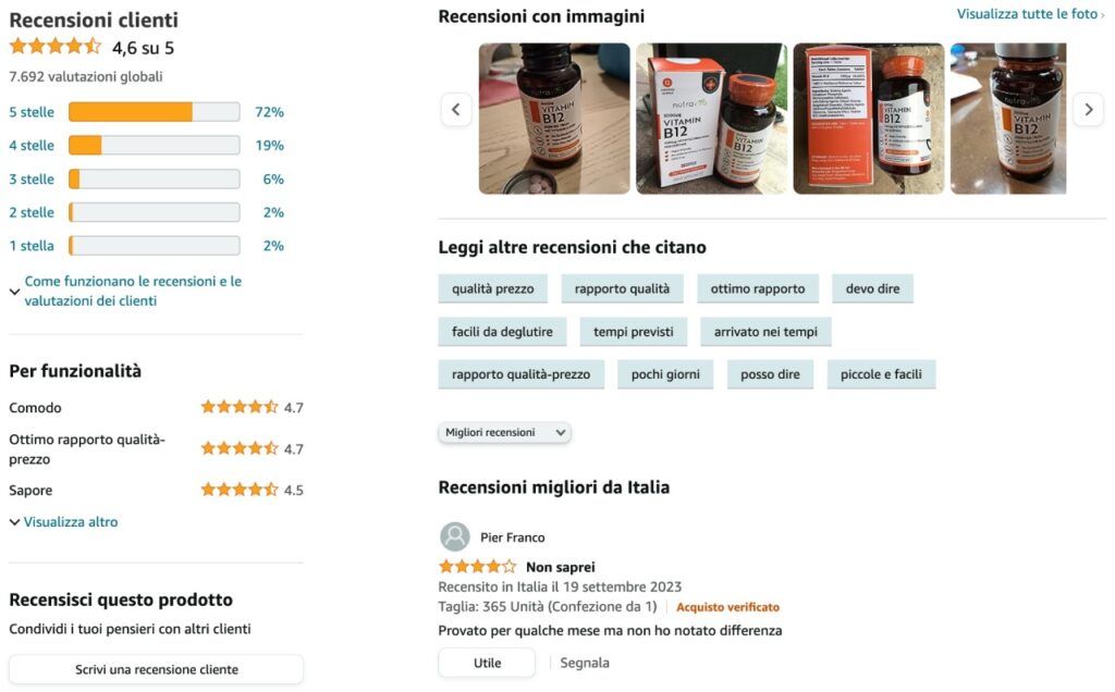 Recensioni, immagini e keyword di un integratore su Amazon