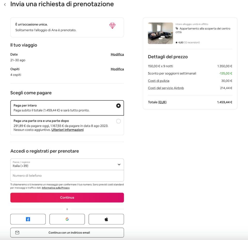 L'user experience durante la fase di prenotazione di un appartamento su Airbnb è semplice, pulita e senza distrazioni