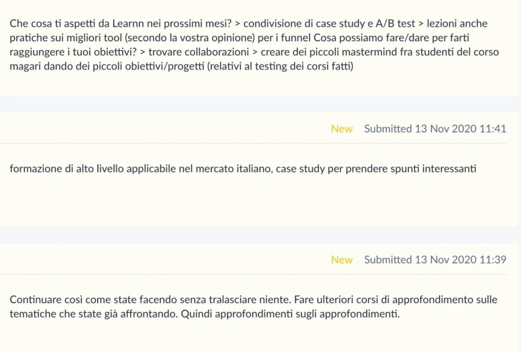 Risposte degli utenti Learnn su cos'è valore per loro