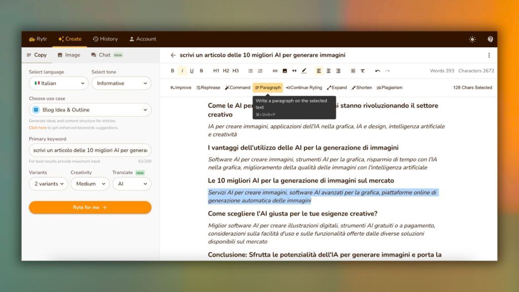 Rytr consente di generare testi e immagini con il supporto dell'intelligenza artificiale