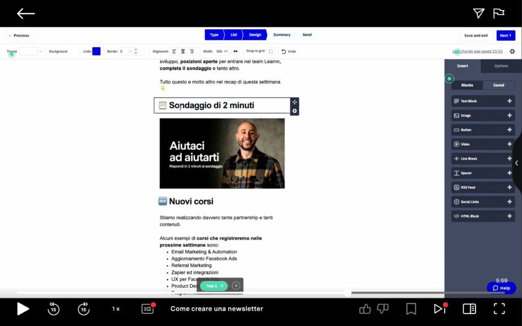 Screenshot della lezione di creazione template mail dal corso di Email marketing su Learnn