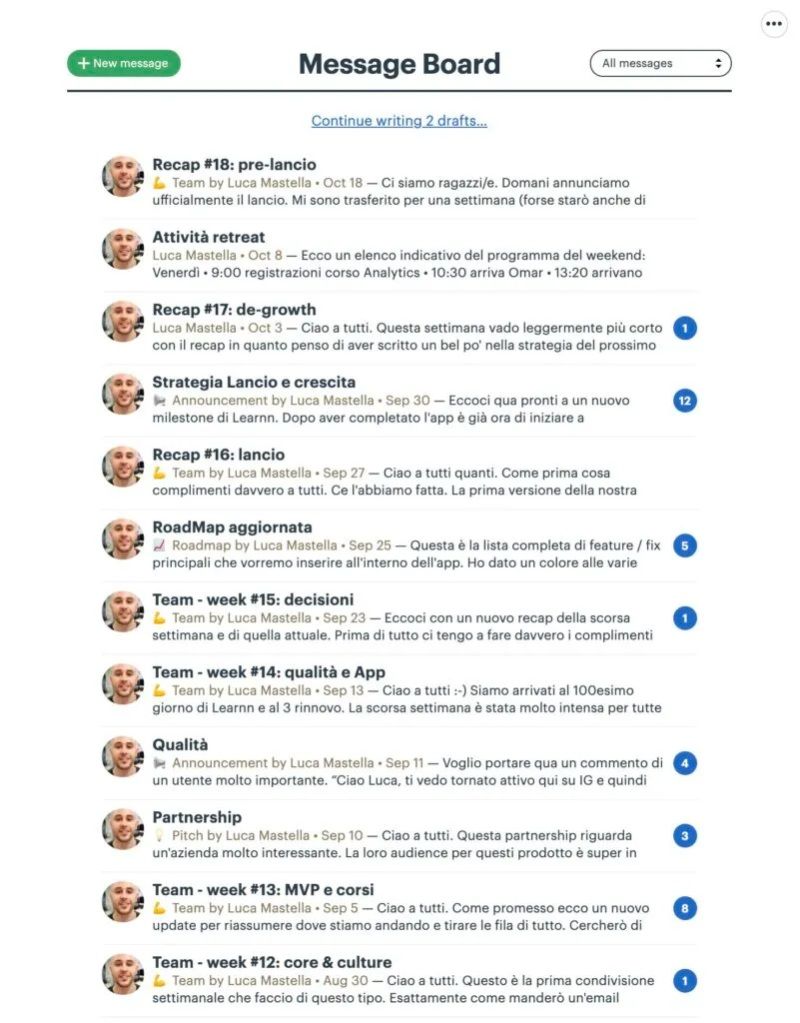 Screenshot della lista di recap Learnn di Luca Mastella su Basecamp