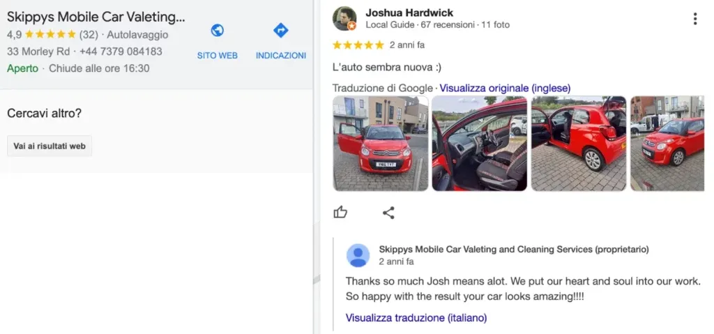 Screenshot della recensione Google di Joshua Hardwick