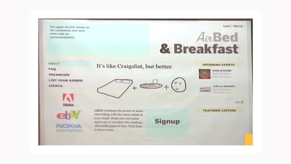 Foto della home page di Airbnb agli albori. È una pagina semplice con la proposta di valore: un materassino, la colazione e amicizie