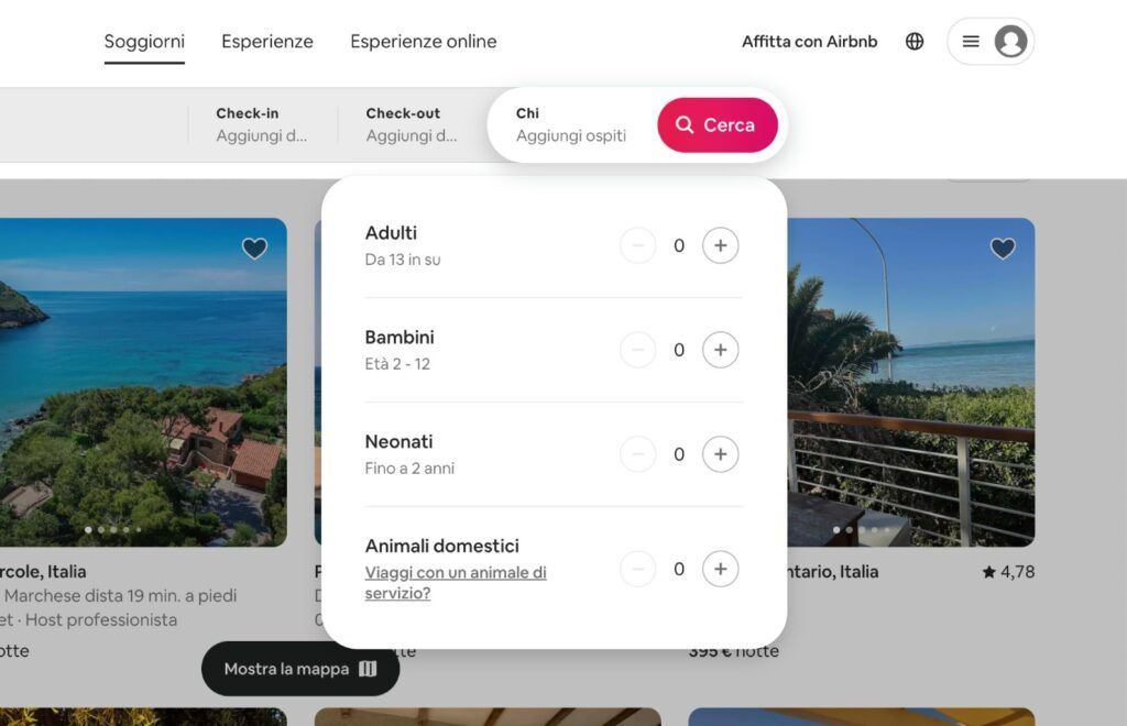 Ricerca di Aibnb: in foto il riquadro in cui selezionare il numero di adulti, bambini, neonati e animali per la prenotazione