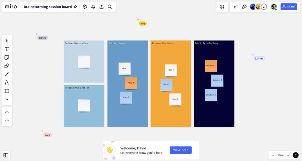 Sessione di onboarding di Miro rivista con l'aggiunta di reazione di notifica collaboratori
