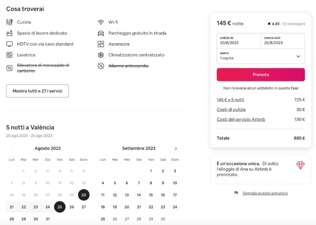 Sezione appartamento e calendario della pagina dell'alloggio: qui è possibile scoprire cosa troveremo nell'appartamento ed è possibile prenotare tramite una versione estesa del calendario