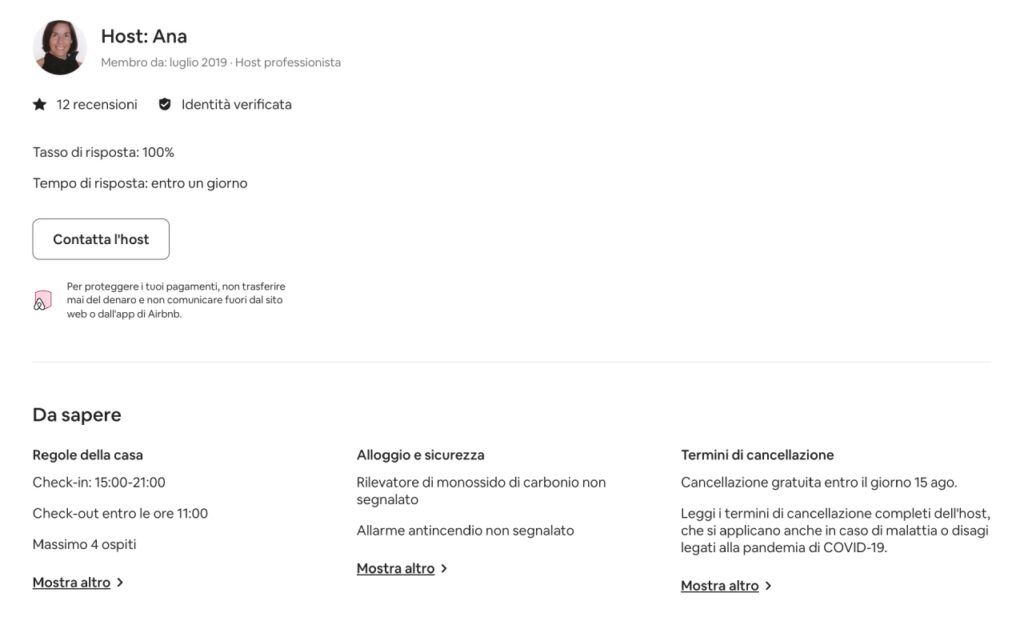 Sezione dettagli e contatti host, e link utili di approfondimento alla prenotazione