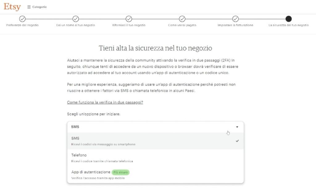 Fase di sicurezza nel negozio Etsy