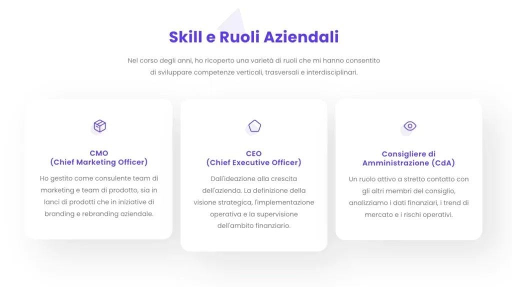 Skill e ruoli aziendali di Antonio Biancardi mostrati nella sua landing page