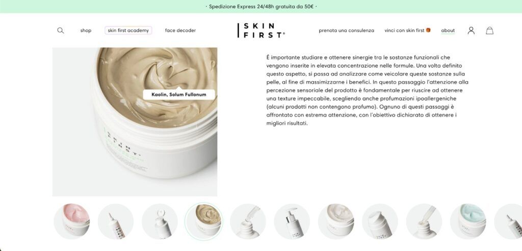 Sezione ingredienti dei prodotti di SKIN FIRST nella sua pagina Chi Siamo