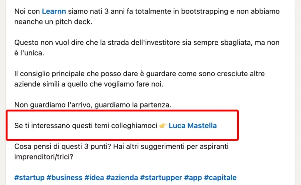 Esempio post LinkedIn di Luca Mastella con strategia mention in azione