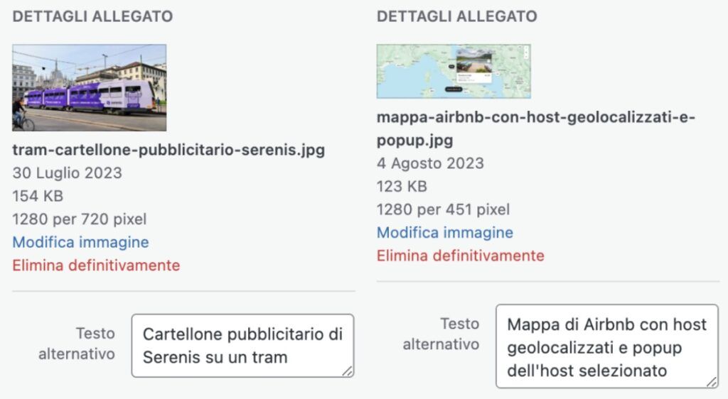 Screenshot del testo alternativo delle immagini su WordPress