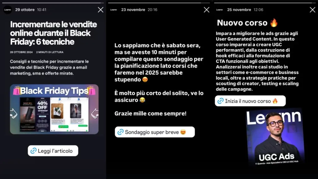Tecnica singola storia Instagram: esempio Learnn