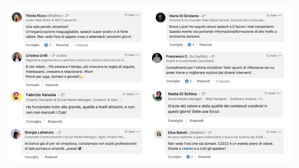 Testimonianze di utenti LinkedIn per C2023