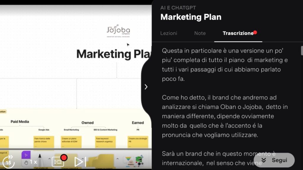 Esempio di trascrizione di una lezione Learnn tratta dal corso ChatGPT e AI