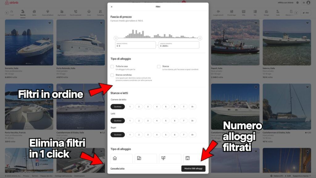 L'user experience dei filtri ricerca di Airbnb è fenomenale: un popup da scrollare, con tutti i filtri in ordine