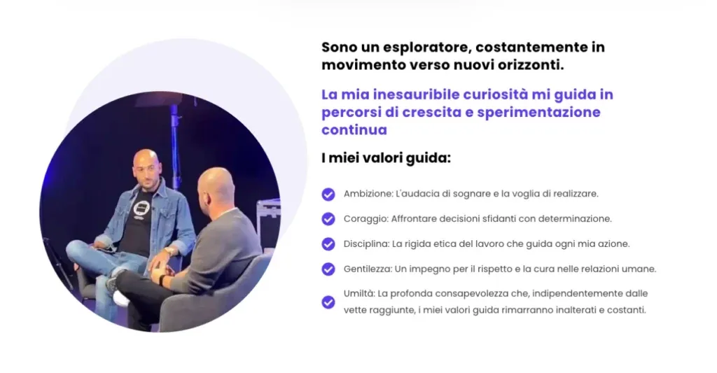 Valori di Antonio Biancardi elencati nella sua Landing Page per personal brand