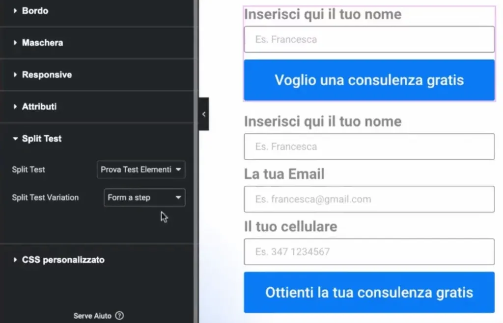 Elementi on page da modificare per AB test basato su elementi varianti in pagina