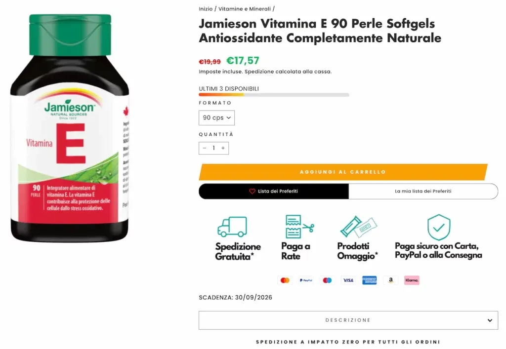 Esempio pagina prodotto dell'e-commerce Nutriworld