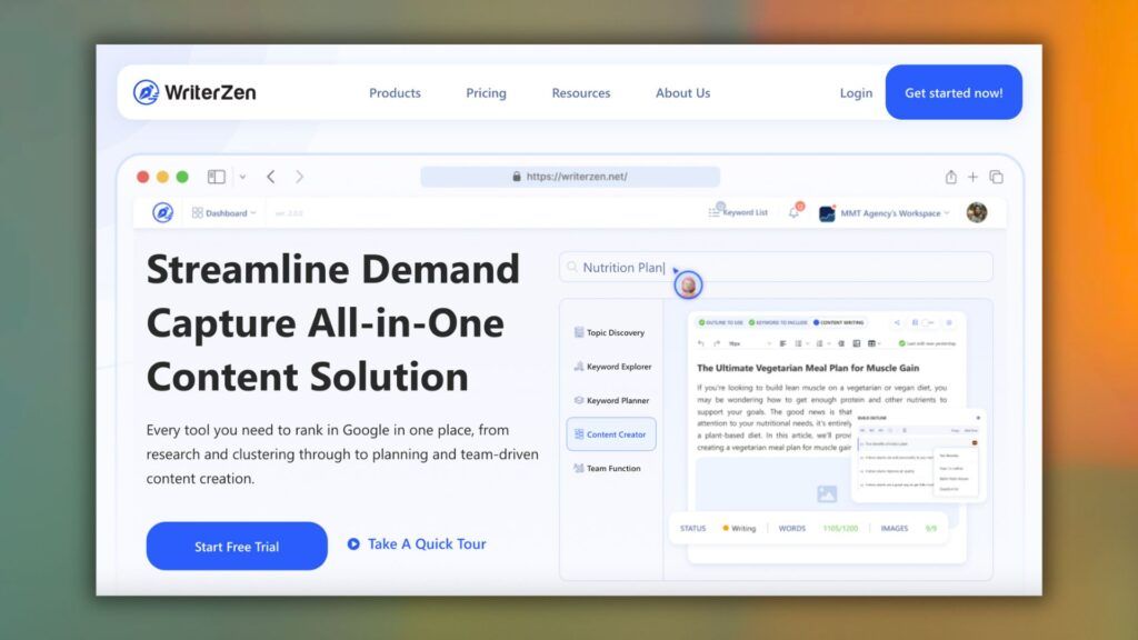 WriterZen è un tool di AI copywriting che, oltre a generare testi, si occupa di ricerca e previsione keyword