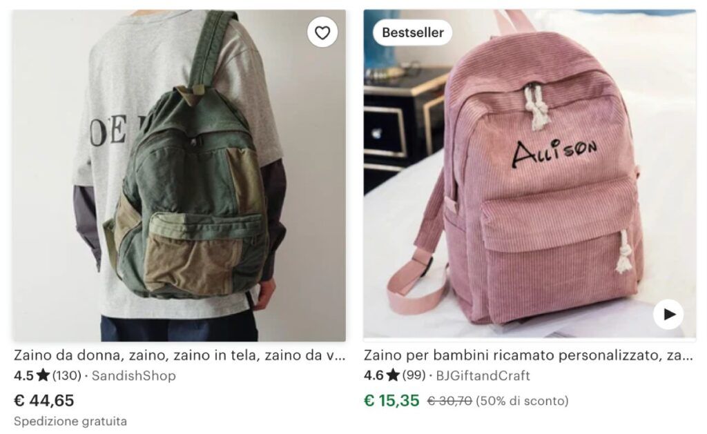 Esempi di zaini per target venduti su Etsy: uno per donna, l'altro per bambini